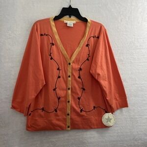 Coral XL Cardigan Cotton Blend Embroidered C.C. Couture Womens Long Sleeve